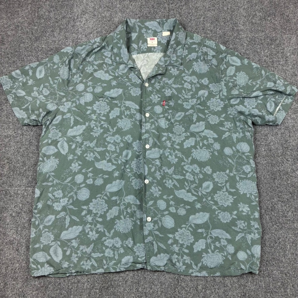 Levis Mens Size XL Relaxed Fit Short Sleeve Floral Print Button Down Shirt Green